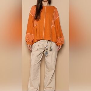 POL Orange Mixed Fabric Crew Neck Top